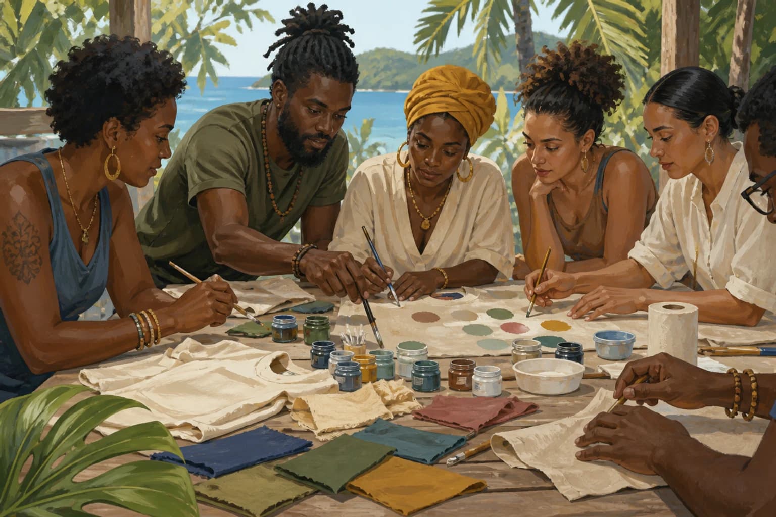 AI-generated representative USVI art-workshop scene for Sloop Jones — Shirt of Art Workshops; not a photograph of this listing or its exact studio, artist, participants, artworks, or products, and may depict another island.