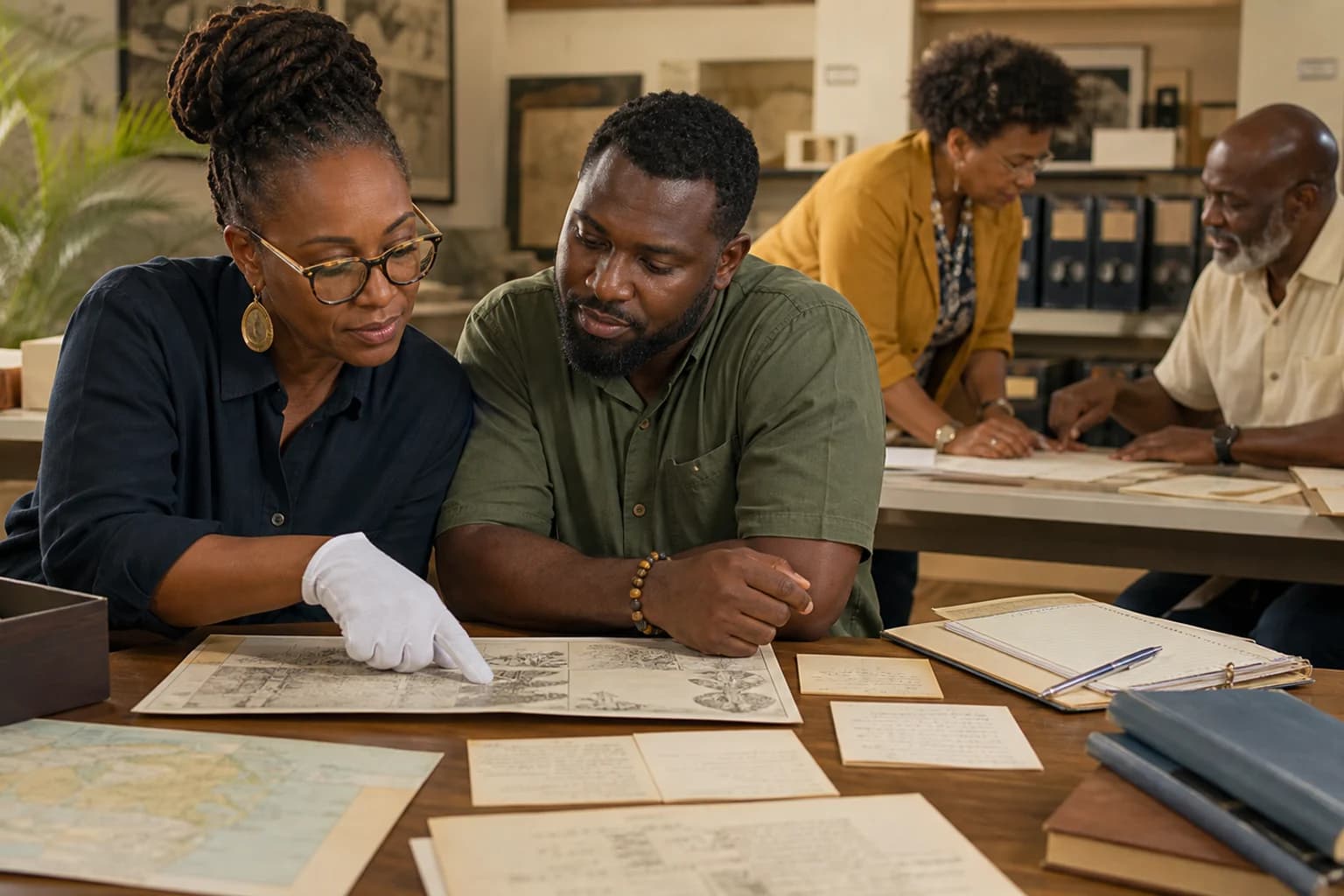 AI-generated representative USVI community archive and family-history scene for Caribbean Genealogy Library; not a photograph of this listing or its exact library, staff, visitors, records, collection, or interior, and may depict another island.