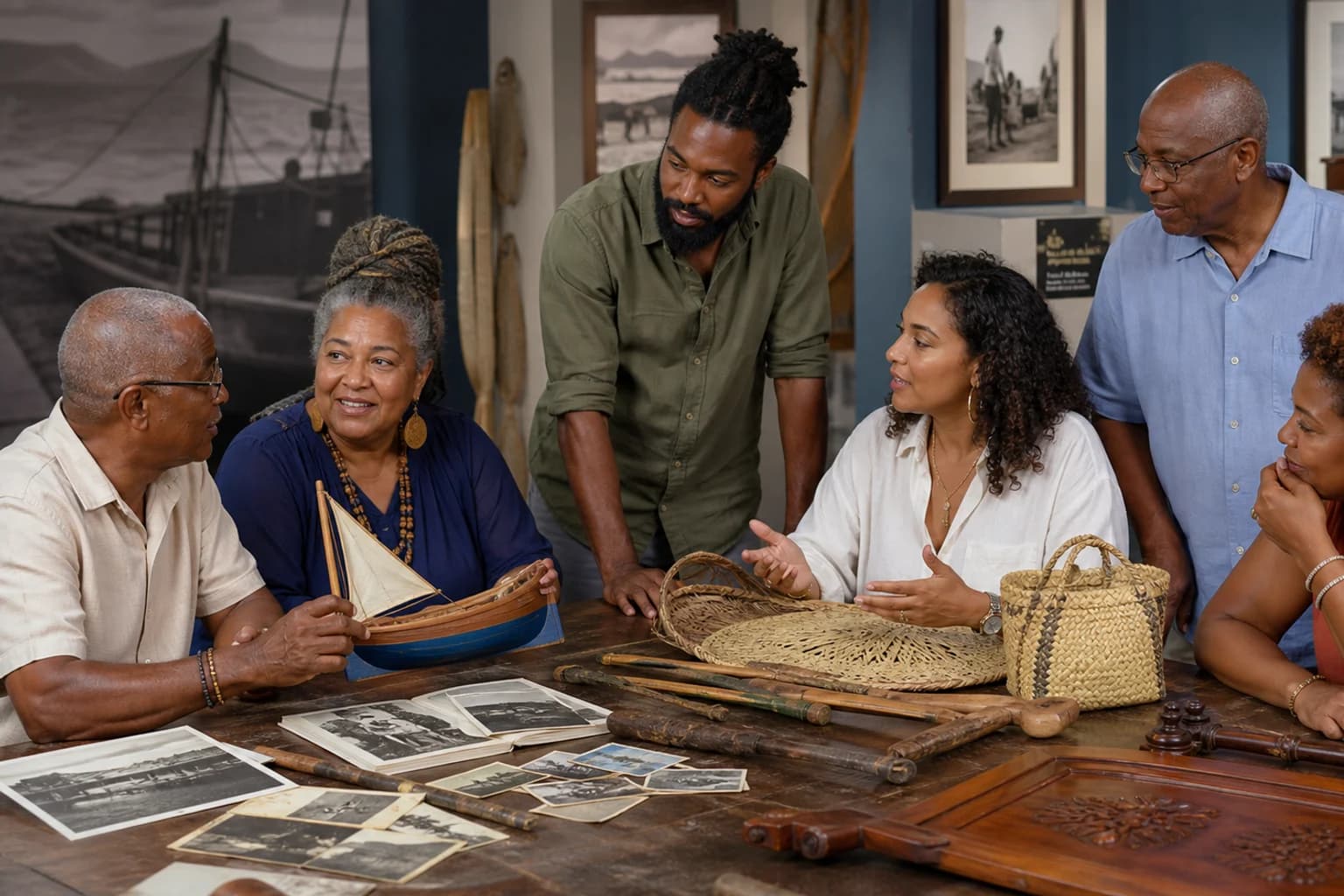 Adults examining historical objects and photographs indoors. Representative USVI-inspired AI illustration for Lawaetz Family Museum; not a photograph of this listing and may depict another island.