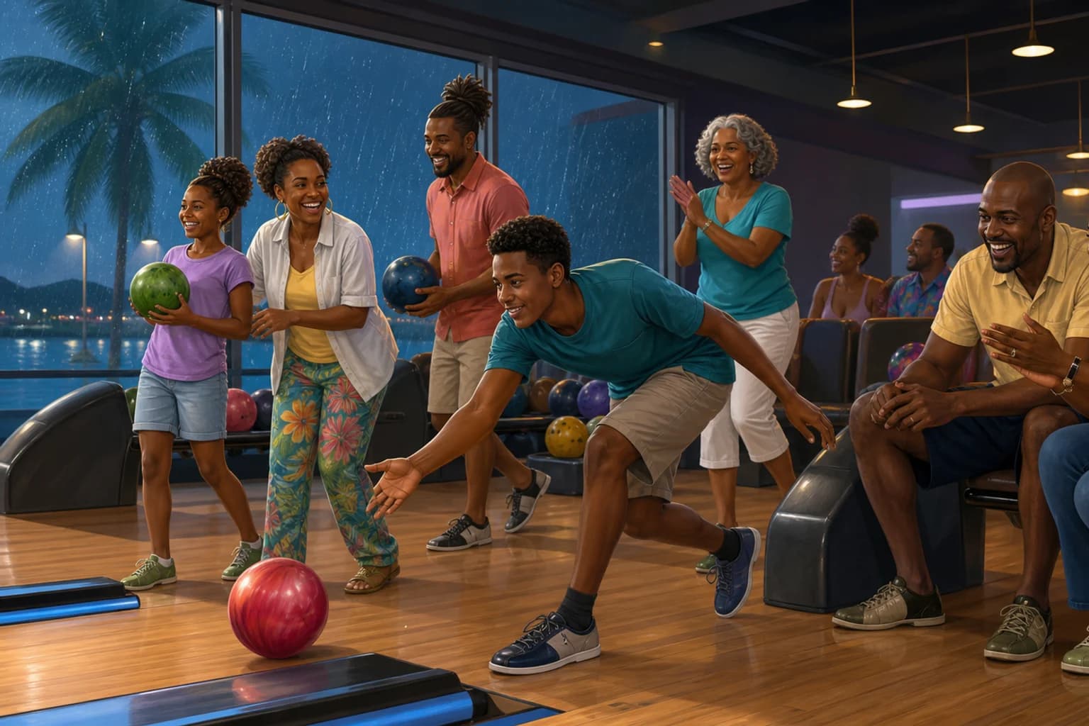 AI-generated representative USVI indoor-bowling scene for Tropical Ten Pins; not a photograph of this listing or its exact center, staff, guests, or lanes, and may depict another island.