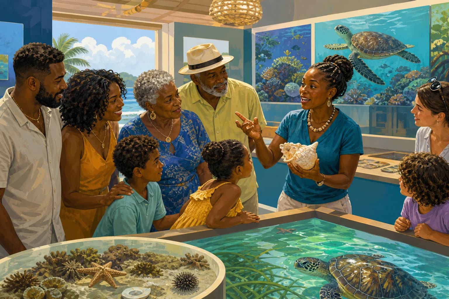AI-generated representative USVI marine-education scene for St. Croix East End Marine Park Visitor Center; not a photograph of this listing or its exact visitor center, staff, exhibits, or wildlife, and may depict another island.