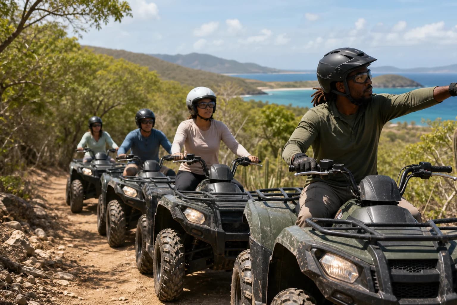 AI-generated representative USVI ATV scene for Gecko's Island Adventures; not a photograph of this listing or its exact operator, guides, guests, vehicles, or route, and may depict another island.
