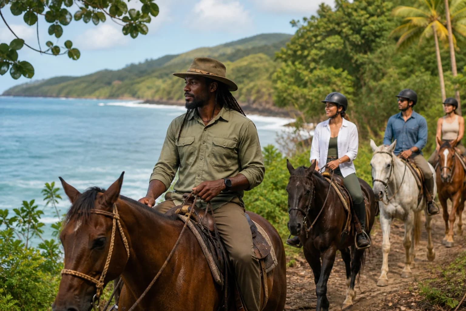 AI-generated representative USVI horseback-riding scene for Cruzan Cowgirls; not a photograph of this listing or its exact operator, guides, guests, horses, or route, and may depict another island.