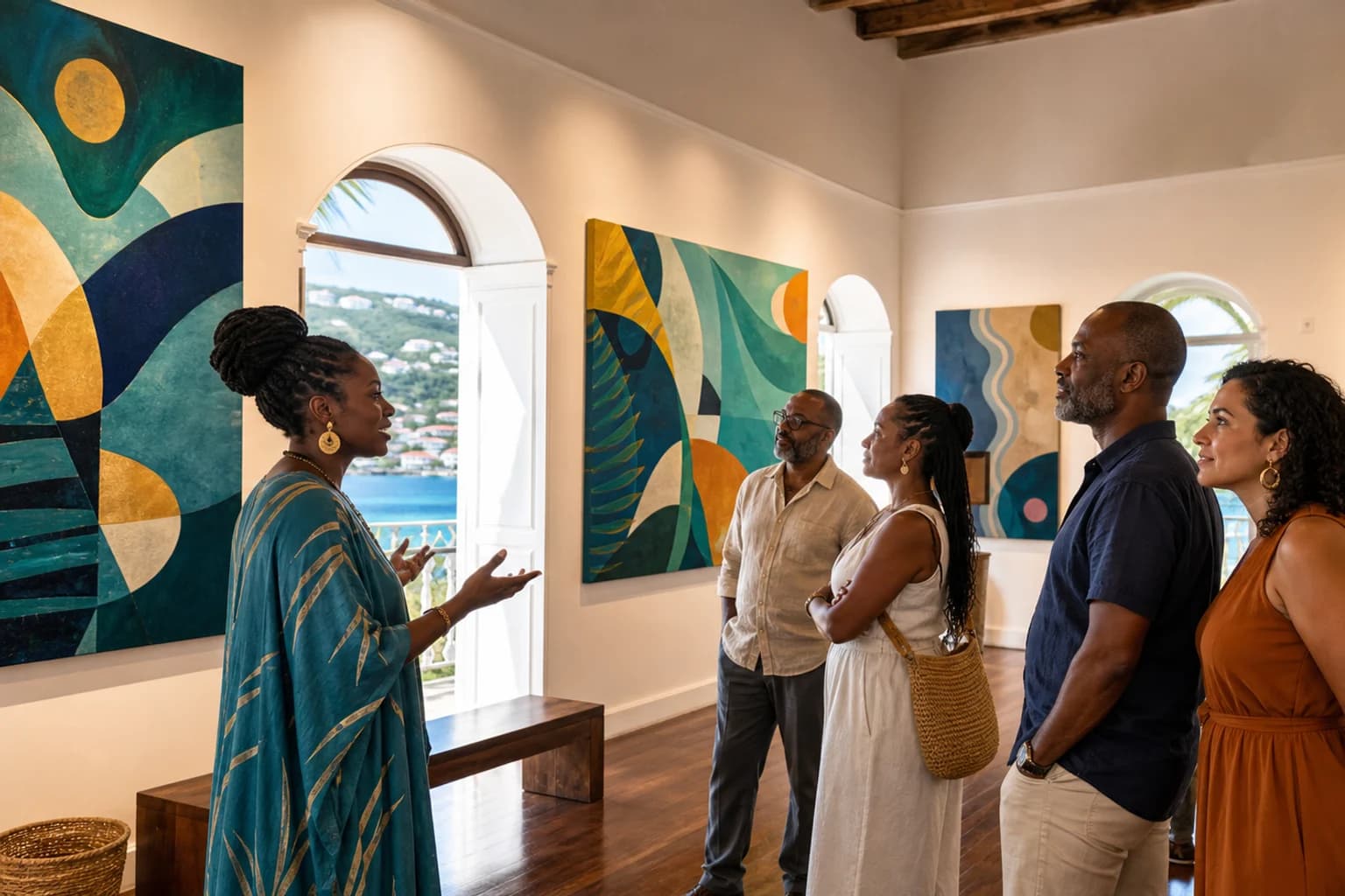 AI-generated representative USVI community-gallery scene for CMCArts St. Thomas; not a photograph of this listing or its exact gallery, staff, visitors, exhibitions, or artworks, and may depict another island.