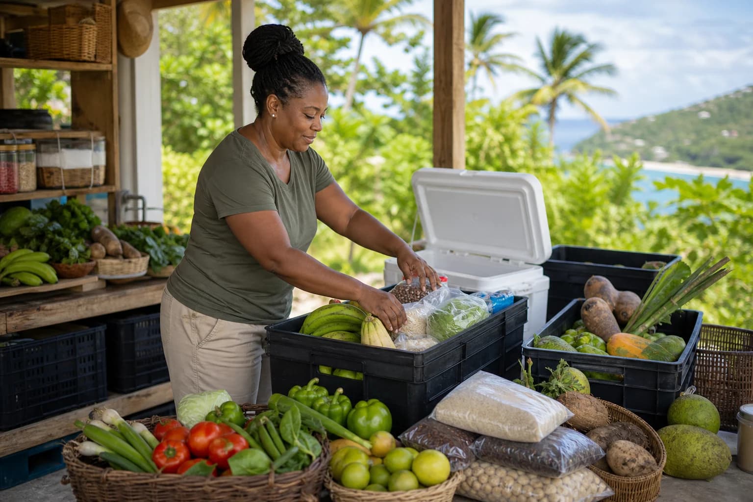 AI-generated representative USVI grocery-provisioning scene for Anna's Market; not a photograph of this listing or its exact workplace, staff, products, delivery, or service area, and may depict another island.