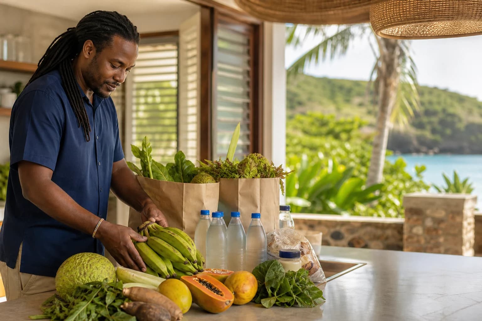 AI-generated representative USVI grocery-stocking scene for Grocery Goddesses VI; not a photograph of this listing or its exact provider, staff, client, property, products, or order, and may depict another island.