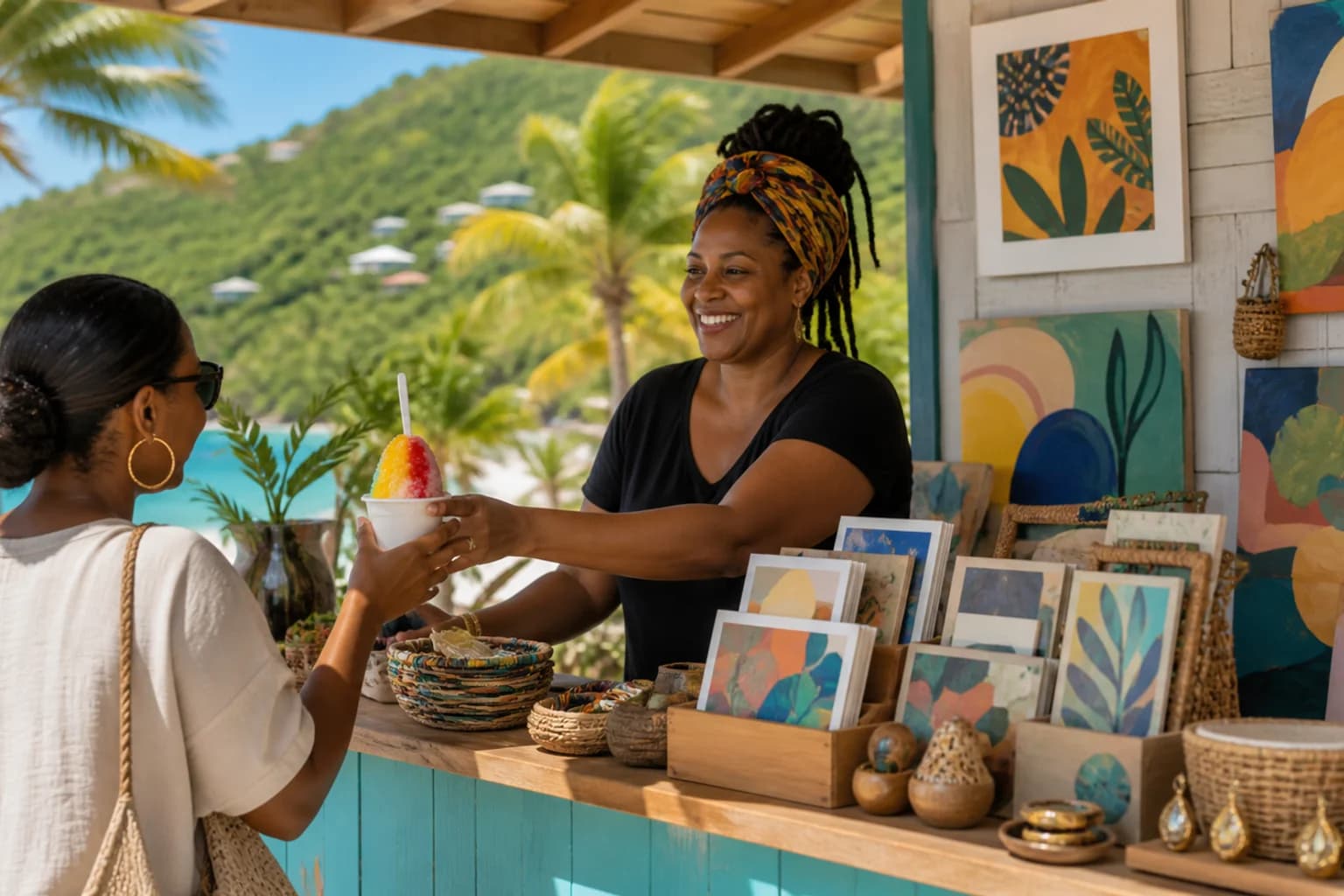 AI-generated representative USVI local-art and shaved-ice retail scene for The Crossing; not a photograph of this listing or its exact shop, owners, artists, products, refreshments, or artworks, and may depict another island.