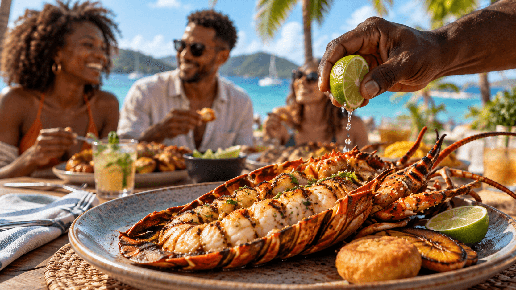 AI-generated scene of friends sharing Caribbean spiny lobster, johnny cakes and plantains by the water