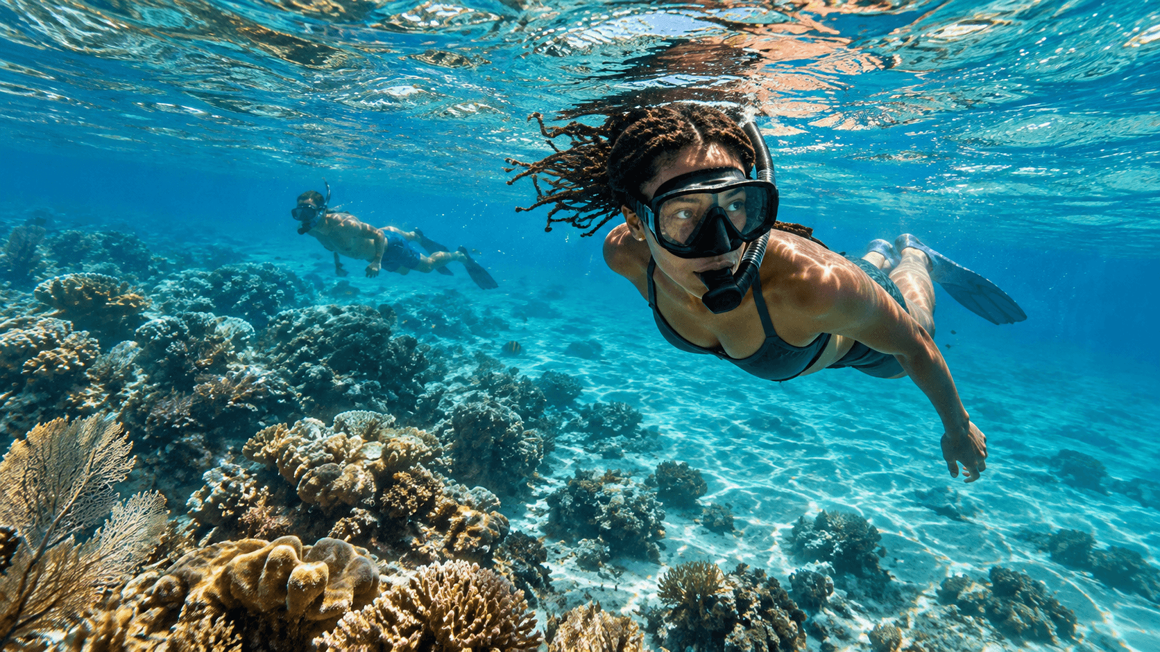 AI-generated scene of two adult snorkelers swimming above a Caribbean-inspired reef