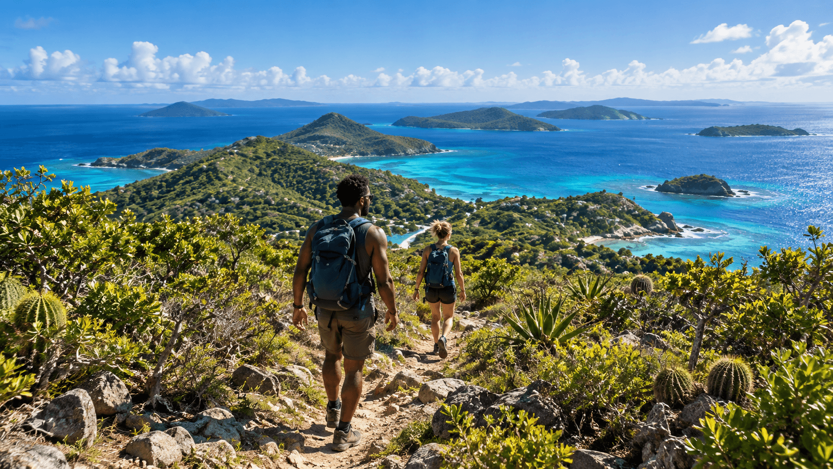 AI-generated scene of two adult hikers on a rocky coastal path above green islands