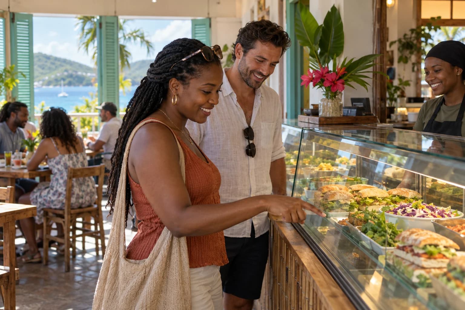 Sandwiches and salads at a casual deli counter. Representative USVI-inspired AI illustration for North Shore Deli; not a photograph of this listing and may depict another island.