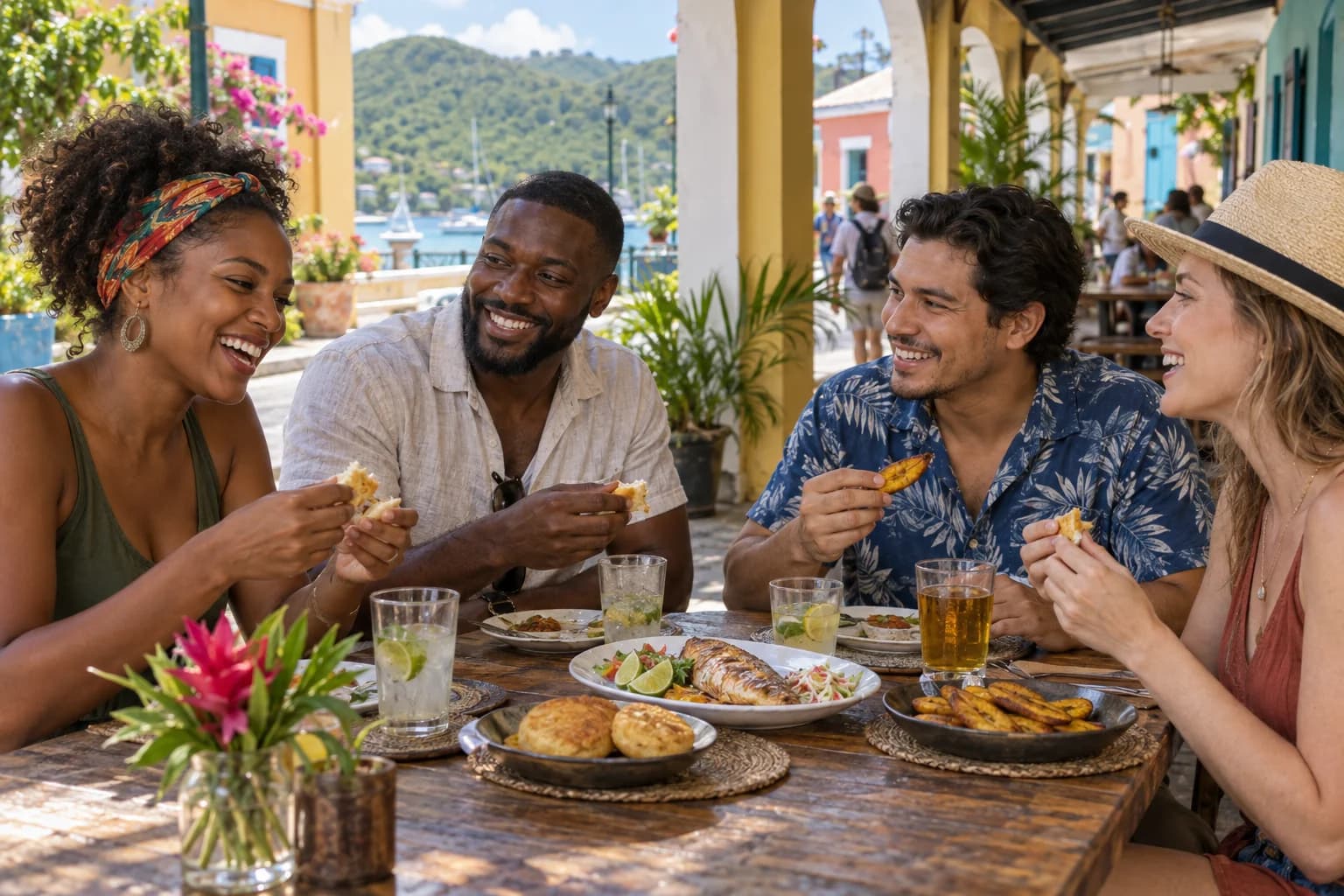 A diverse group sharing Caribbean food beside a shaded island street. Representative USVI-inspired AI illustration for Flavors of St. Thomas Food Tours; not a photograph of this listing and may depict another island.