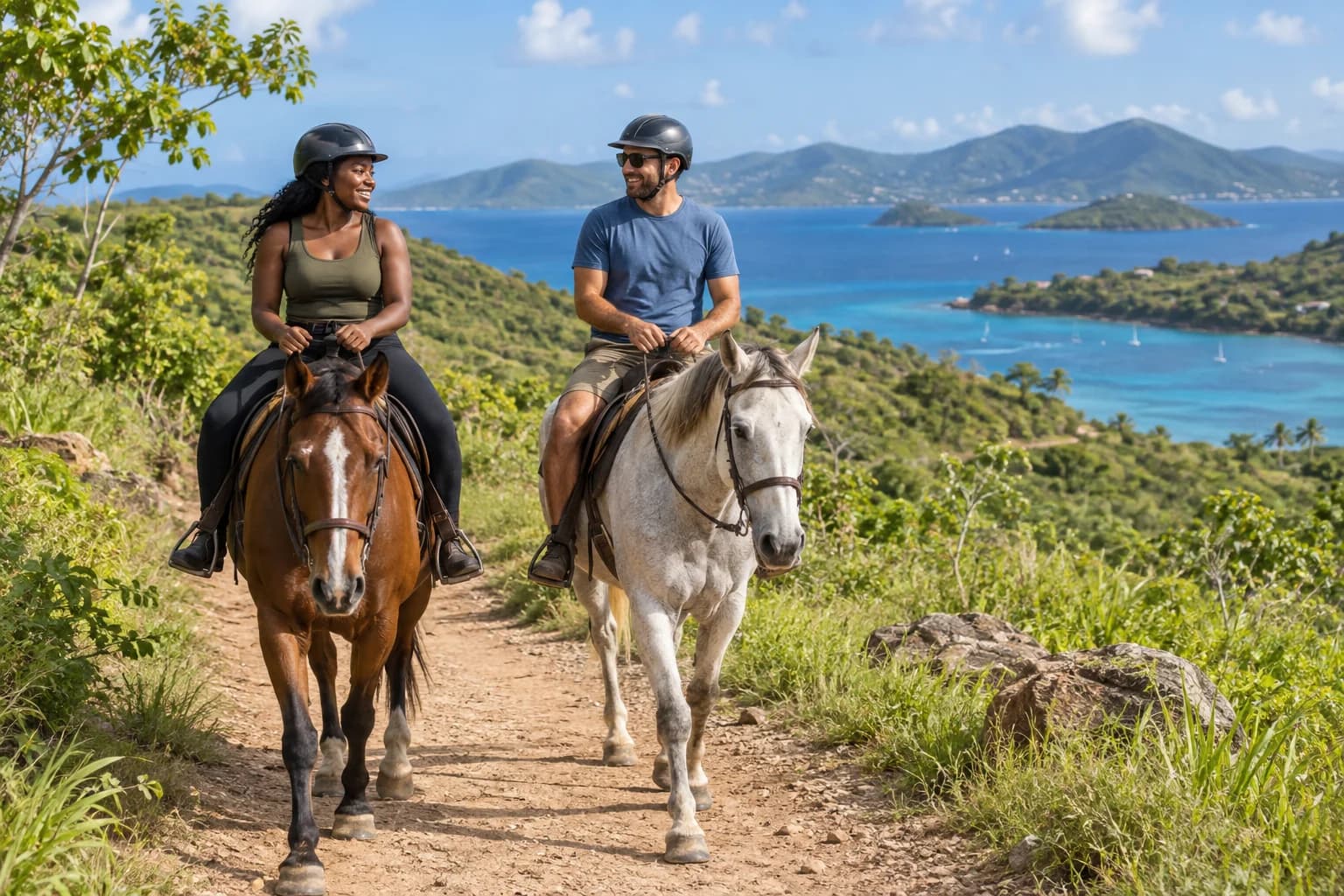Helmeted adults riding horses along an island trail. Representative USVI-inspired AI illustration for Equus Rides; not a photograph of this listing and may depict another island.