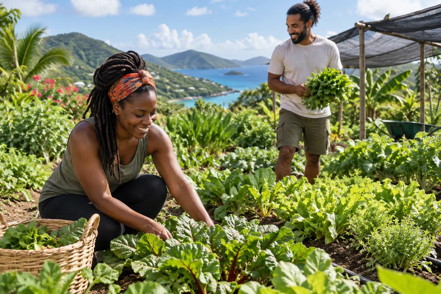 Adults tending edible crops on a small Caribbean farm. Representative USVI-inspired AI illustration for Ridge to Reef Farm; not a photograph of this listing and may depict another island.