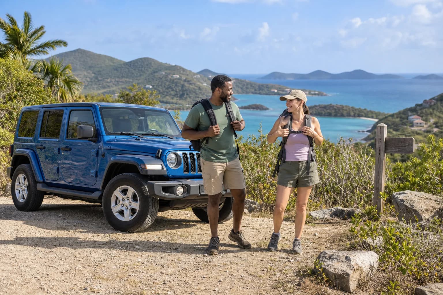 Adults and a four-wheel-drive vehicle at an island trailhead. Representative USVI-inspired AI illustration for Island Life Jeep Tours; not a photograph of this listing and may depict another island.