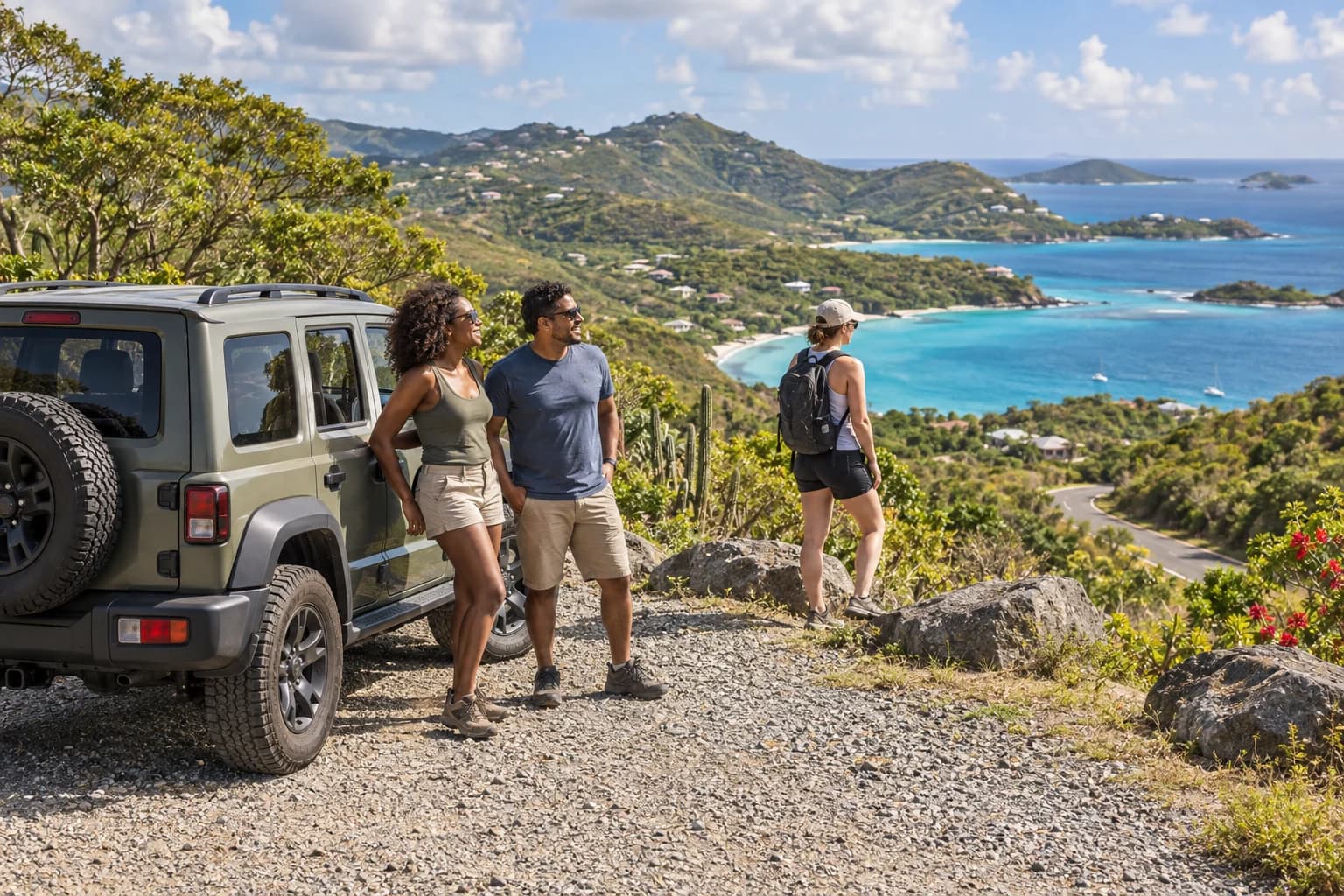 Friends beside a parked four-wheel-drive vehicle at an island overlook. Representative USVI-inspired AI illustration for IslandBuddy Jeep Tours - St. Thomas; not a photograph of this listing and may depict another island.