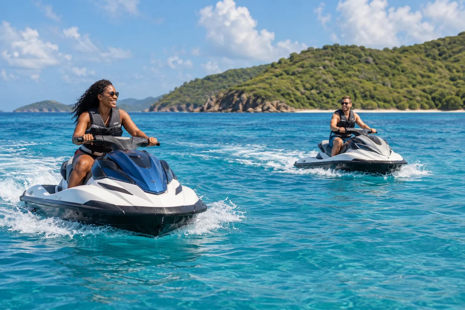 Adults wearing life jackets riding personal watercraft on blue water. Representative USVI-inspired AI illustration for Funtime Jet Ski Rentals & Boat Charters; not a photograph of this listing and may depict another island.