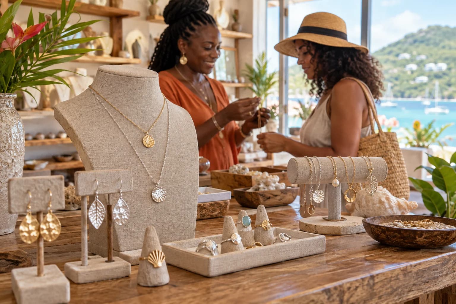 Rings, earrings and necklaces displayed in an island-inspired jewelry shop. Representative USVI-inspired AI illustration for Joyia Jewelry; not a photograph of this listing and may depict another island.