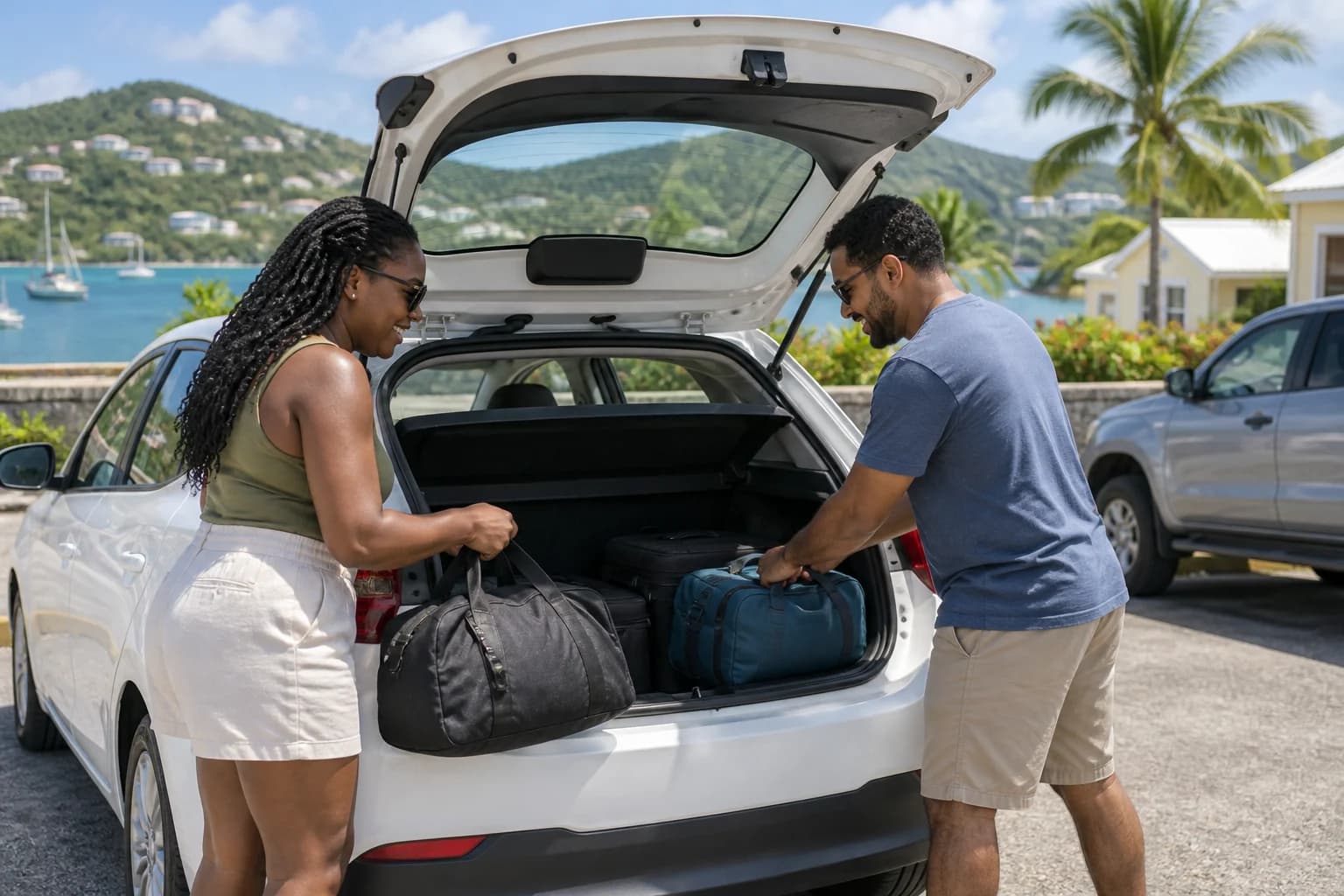 Adults loading travel bags into a hatchback. Representative USVI-inspired AI illustration for Rock City Rentals; not a photograph of this listing and may depict another island.