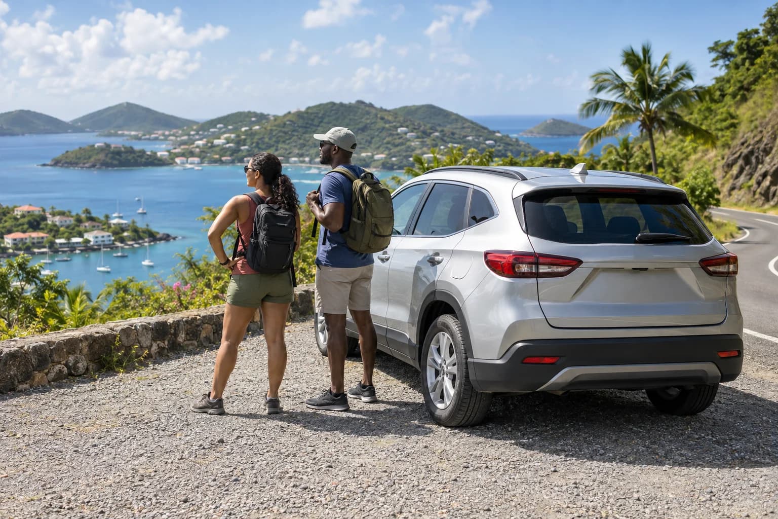 Adults beside a parked SUV on a paved island road. Representative USVI-inspired AI illustration for Falcon Car Rental; not a photograph of this listing and may depict another island.