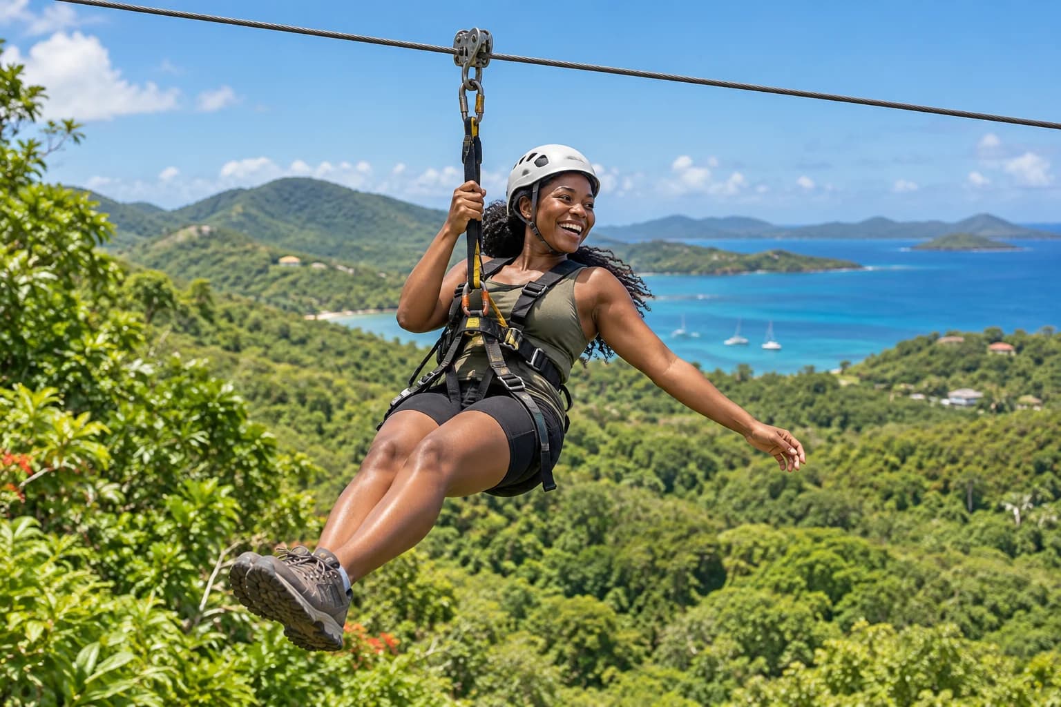 Helmeted adult suspended from a zipline trolley above green coastal hills. Representative USVI-inspired AI illustration for Tree Limin' Extreme Zipline; not a photograph of this listing and may depict another island.