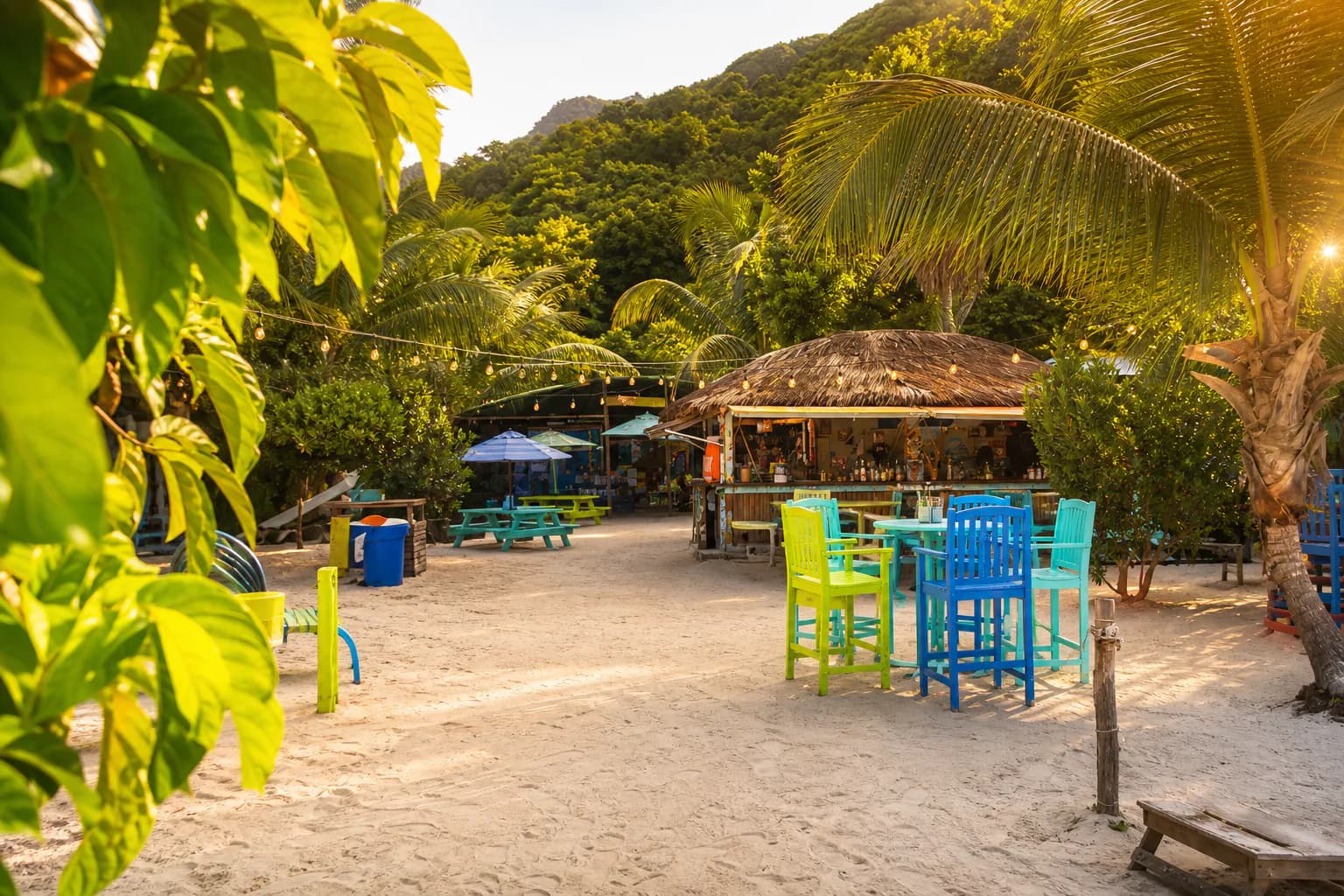 Representative artwork depicting open-air beach bar setting for Maho Crossroads on St. John.