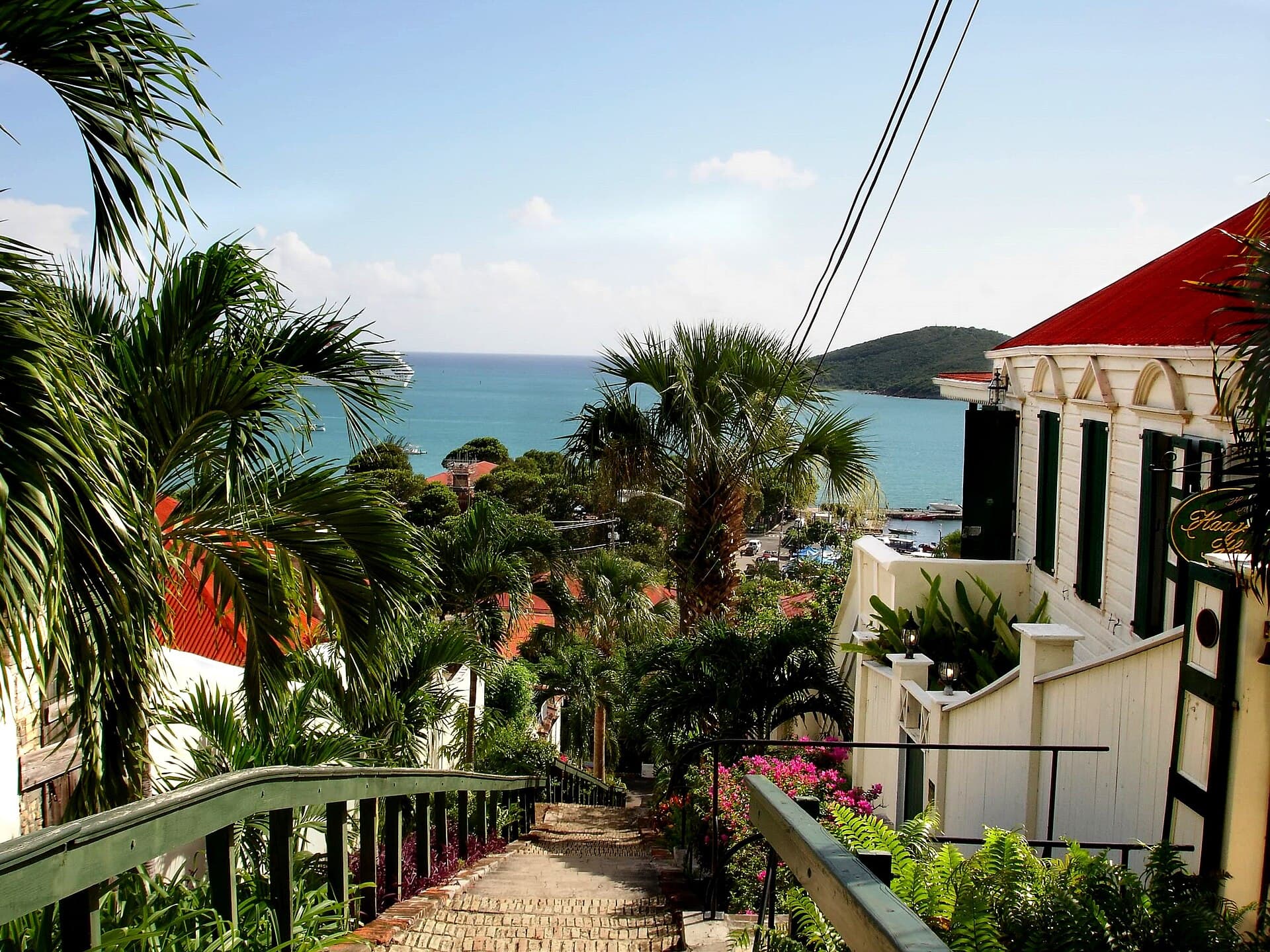 The 99 Steps step-street climbing above Charlotte Amalie.