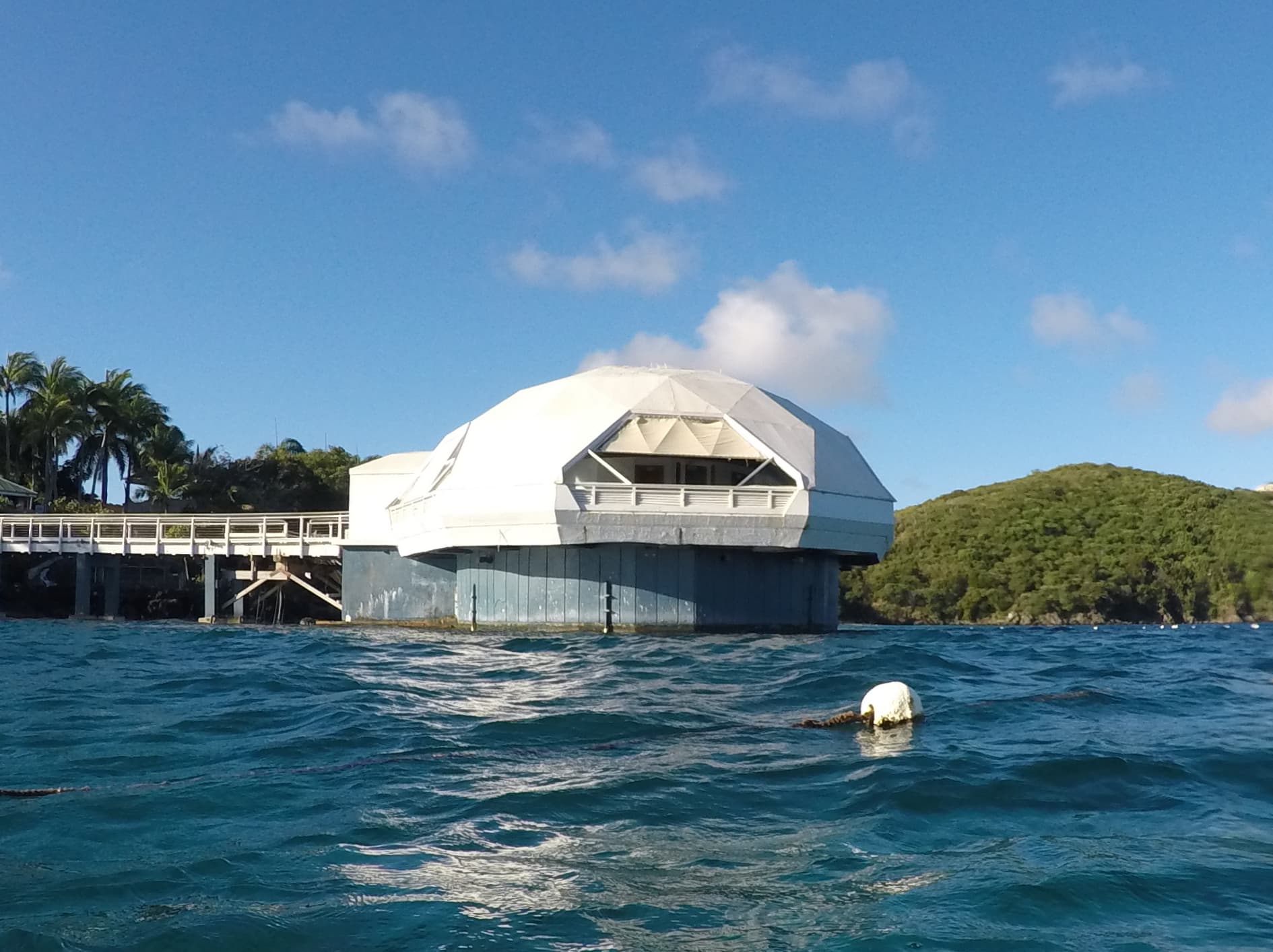 Coral World Ocean Park's Undersea Observatory tower standing offshore at Coki Point, St. Thomas.