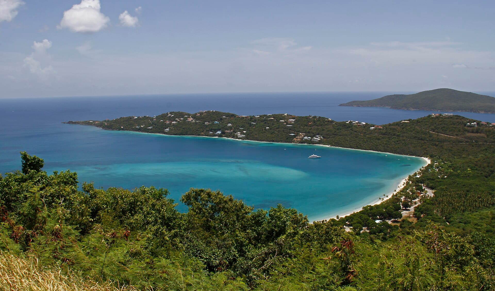 Magens Bay's mile-long white beach and turquoise water seen from the overlook on St. Thomas.