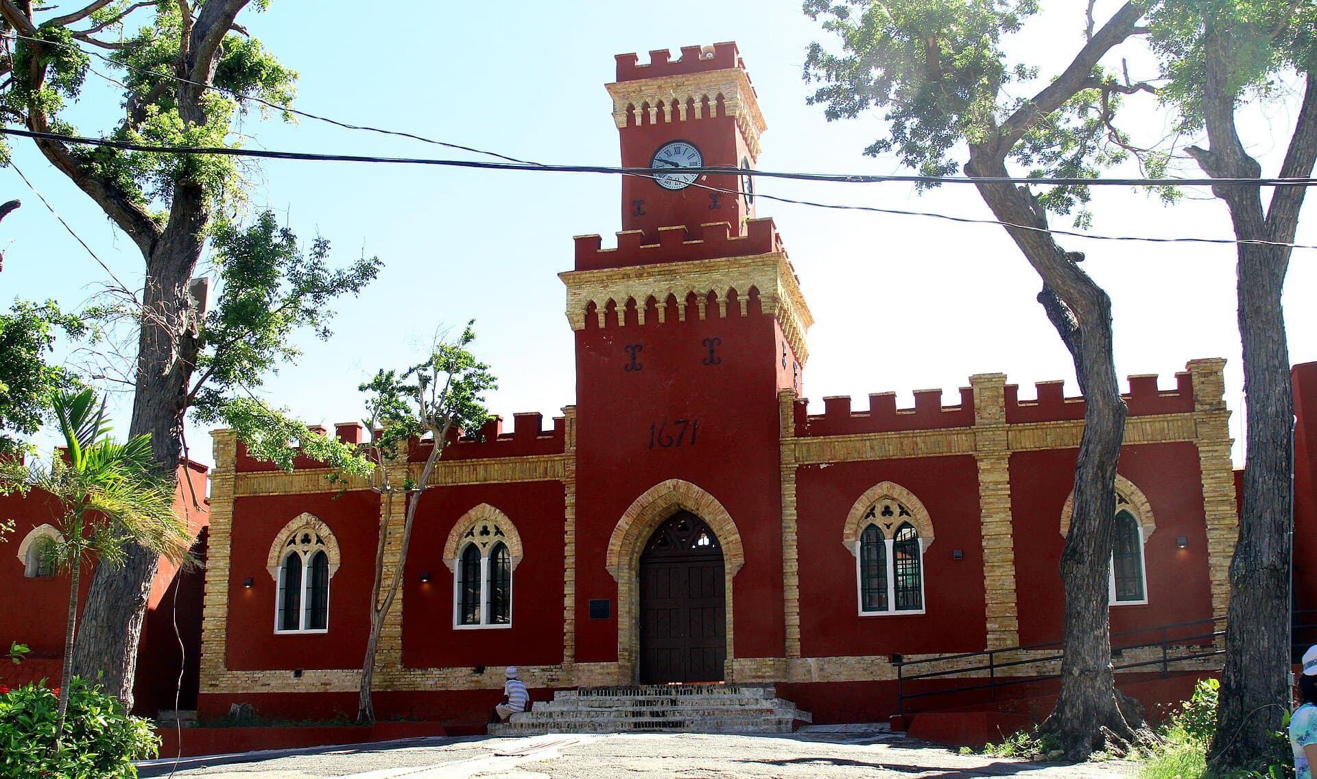 Fort Christian's red clock tower and crenellated walls in Charlotte Amalie, St. Thomas.