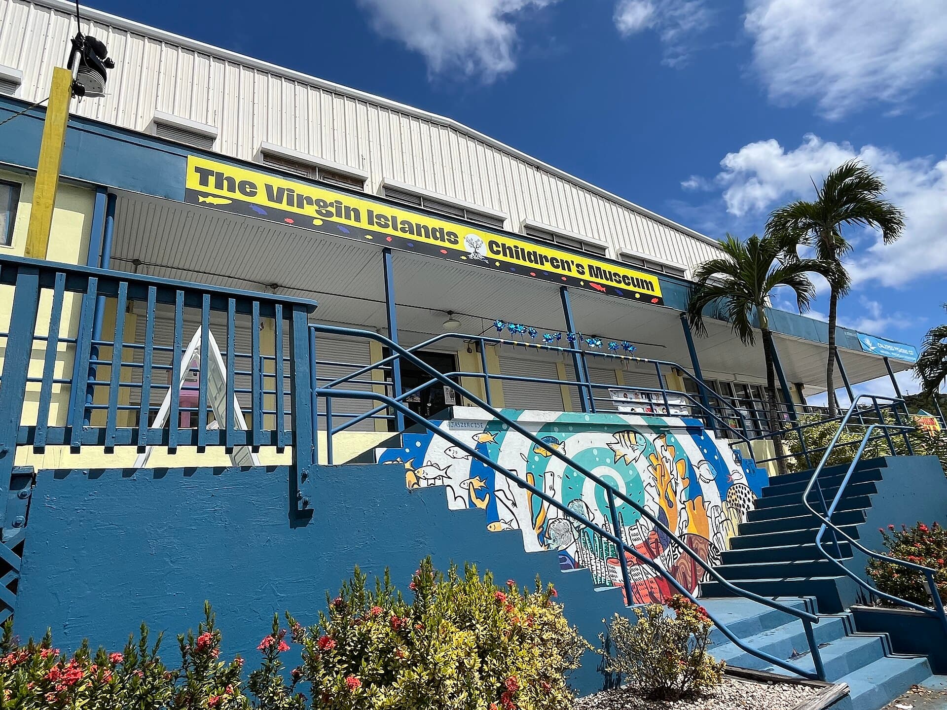 The mural stairway and banner of the Virgin Islands Children's Museum in Charlotte Amalie, St. Thomas.