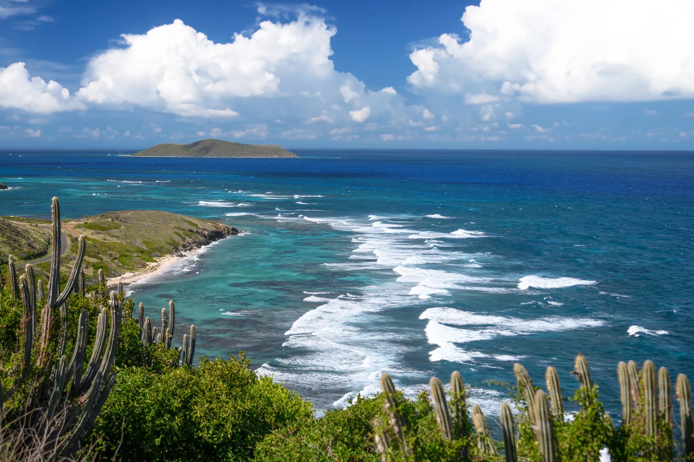 Waves and cactus-lined shoreline at Point Udall on St. Croix with Buck Island on the horizon