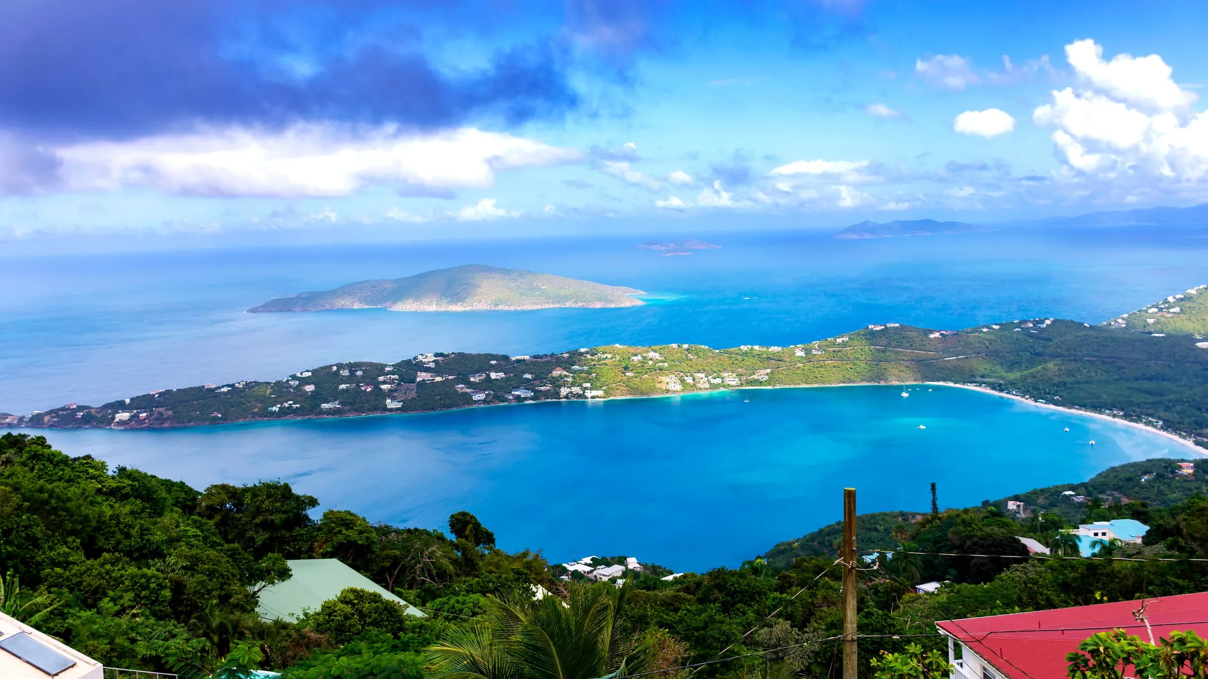 View over Magens Bay and Hans Lollik island from the Drake's Seat overlook on St. Thomas