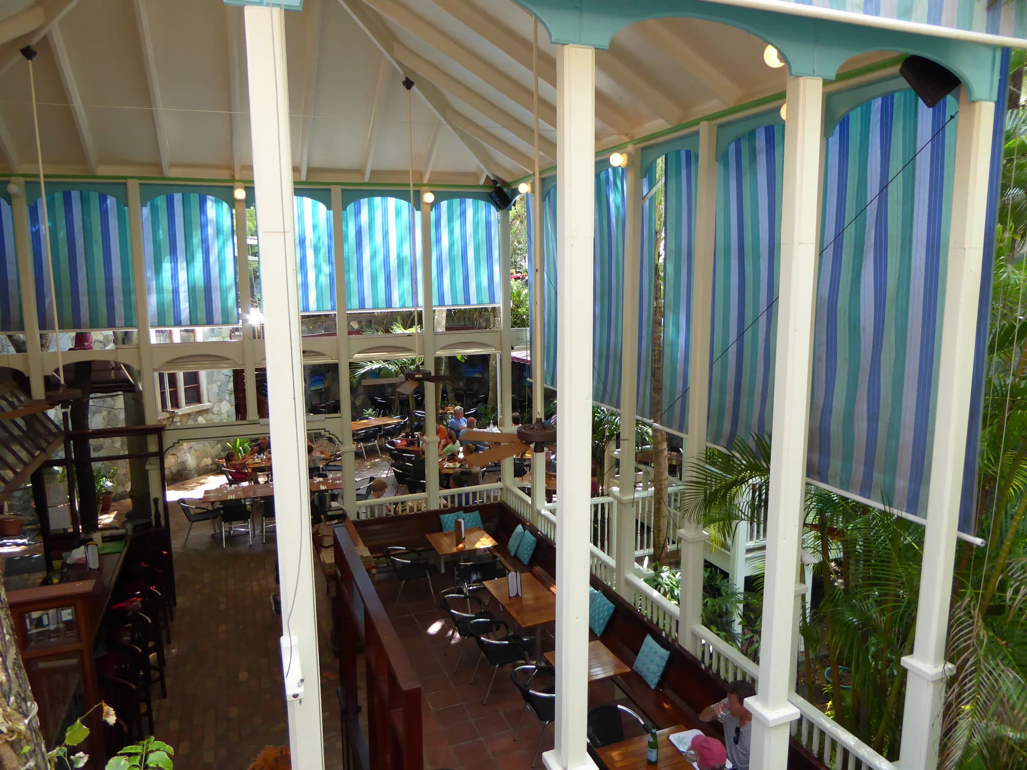Open-air restaurant terraces at Mongoose Junction in Cruz Bay, St. John