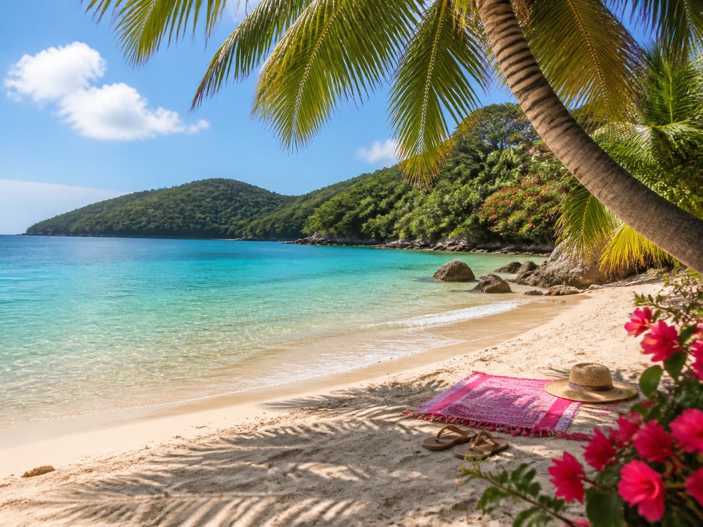 Generated atmospheric St. John-style cove scene with cream sand, palms, and turquoise water