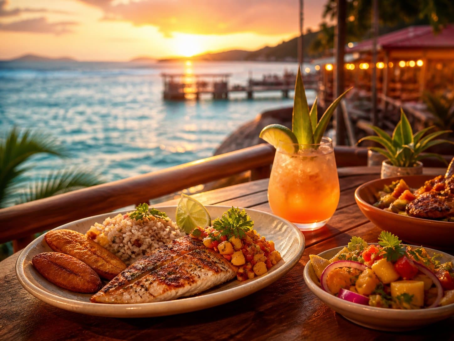 Generated atmospheric waterfront dining scene for VibeVI culinary discovery