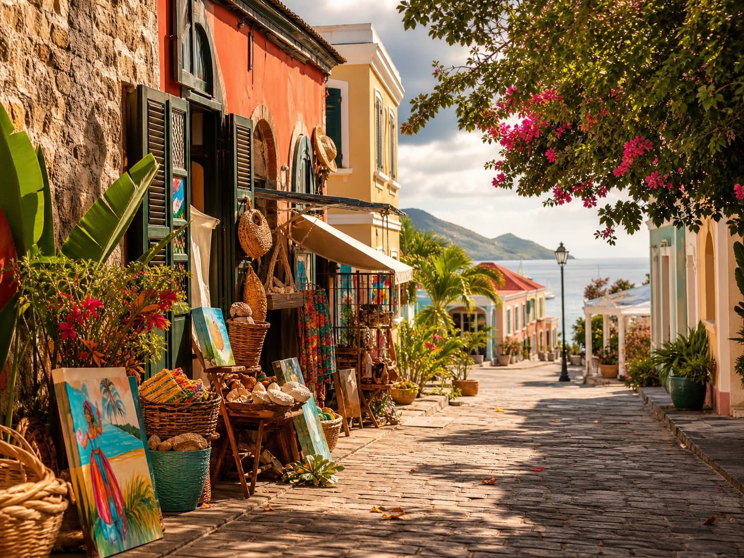 Generated atmospheric island culture street scene with color, market textures, and waterfront light