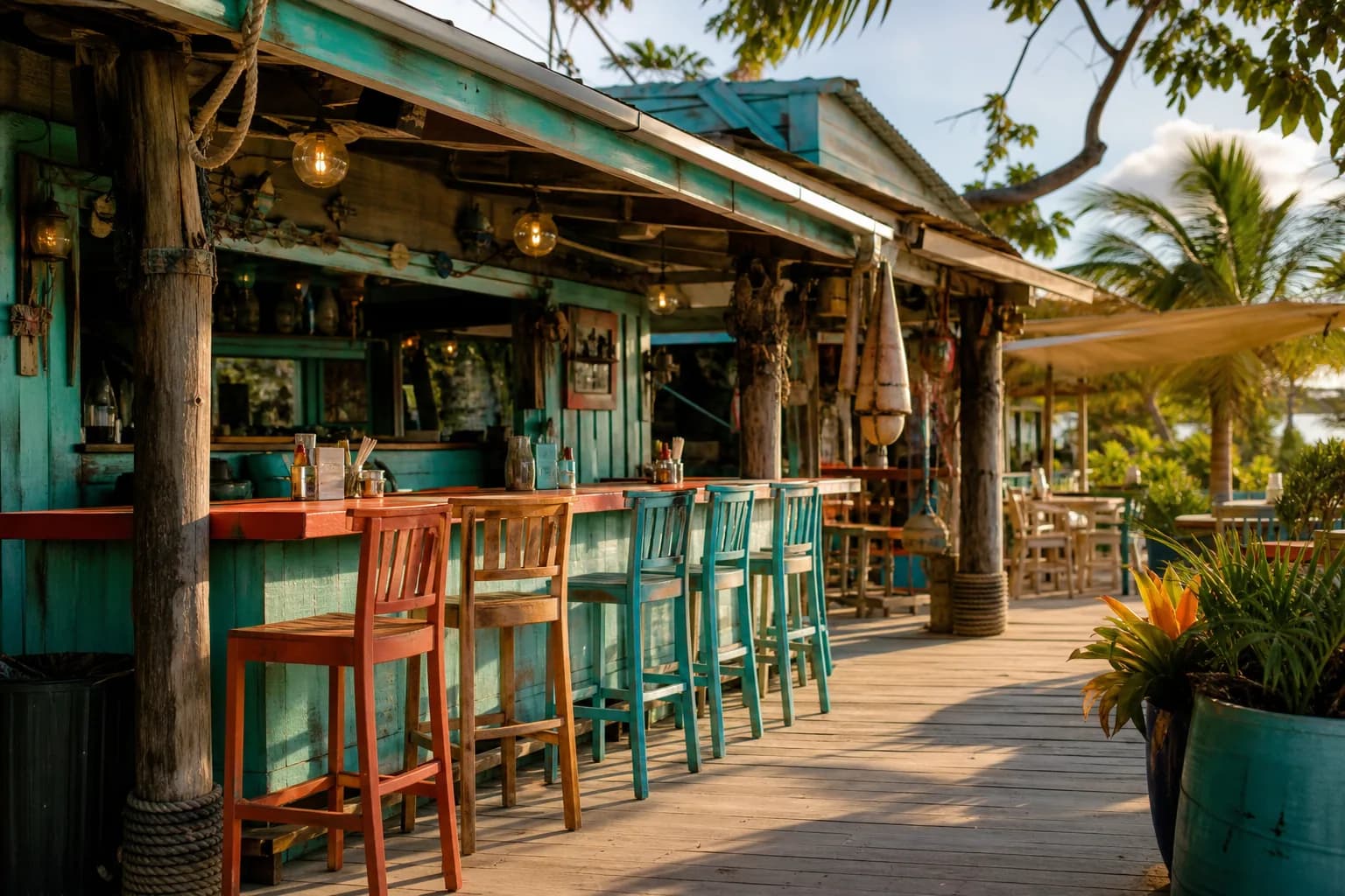 A casual open-air island bar and counter. Representative USVI-inspired AI illustration for Hook Line & Sinker; not a photograph of this listing and may depict another island.