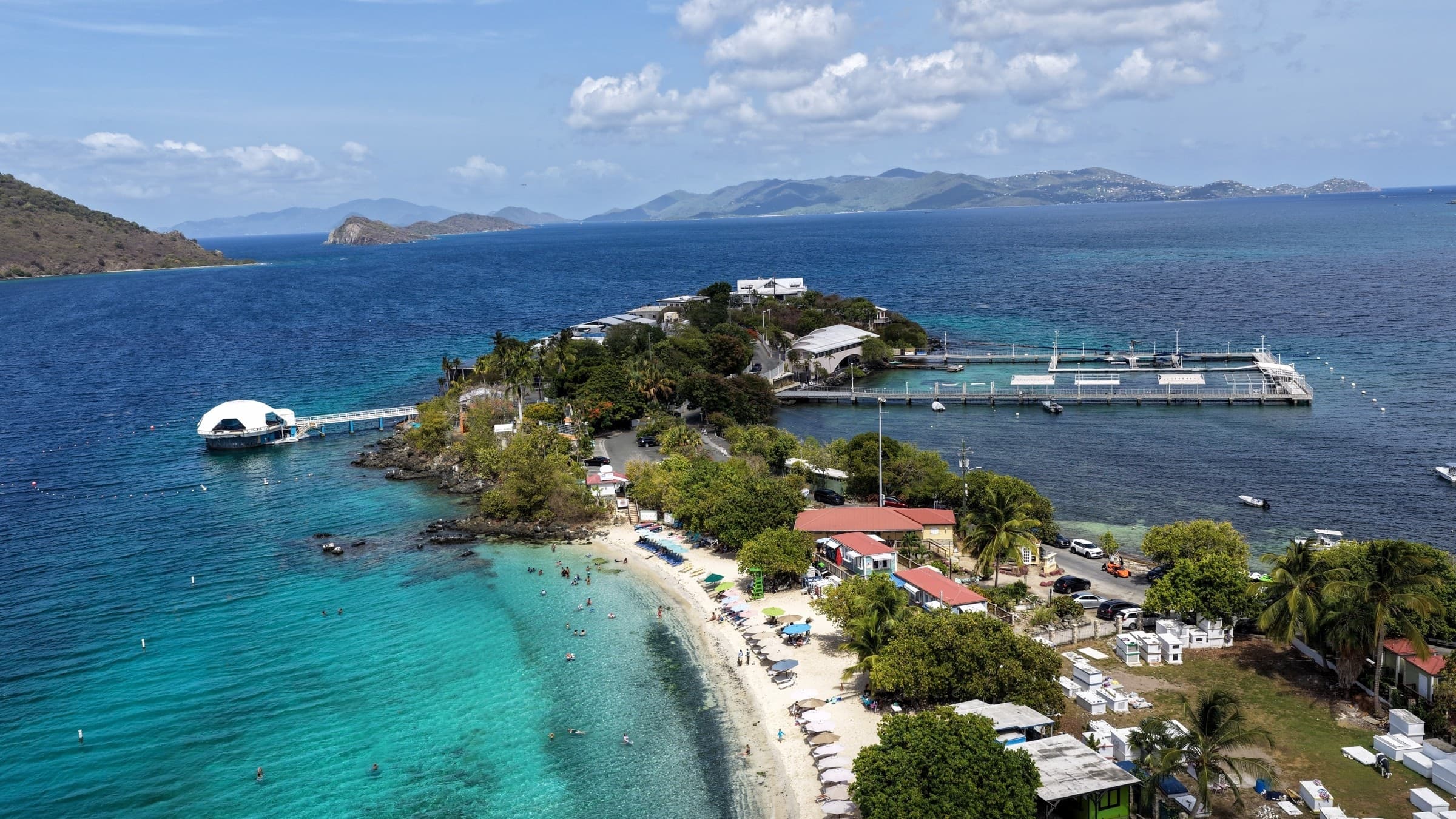 Aerial view of Coki Point Beach and the adjacent Coral World peninsula on St. Thomas.
