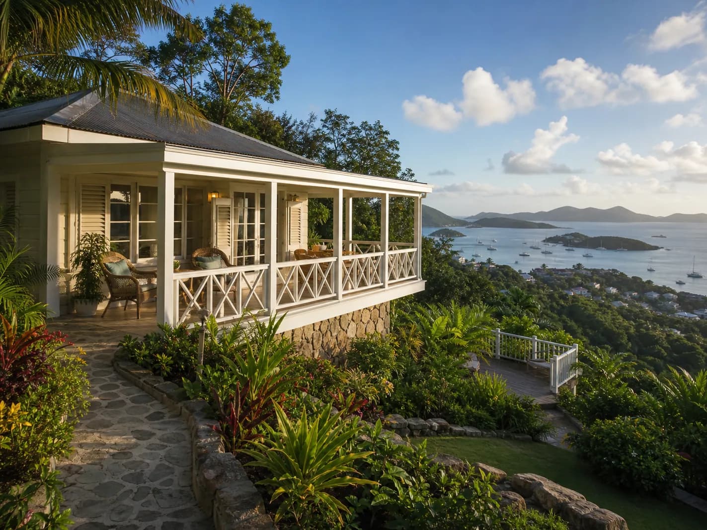 A simple timber cottage amid coastal vegetation. Representative USVI-inspired AI illustration for Virgin Islands Campground; not a photograph of this listing and may depict another island.