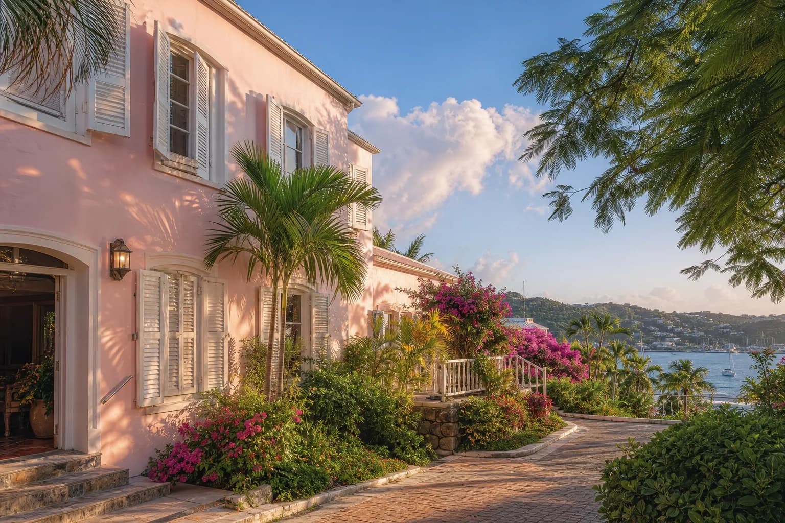 An island-inspired lodging facade beside tropical landscaping. Representative USVI-inspired AI illustration for King Christian Hotel; not a photograph of this listing and may depict another island.