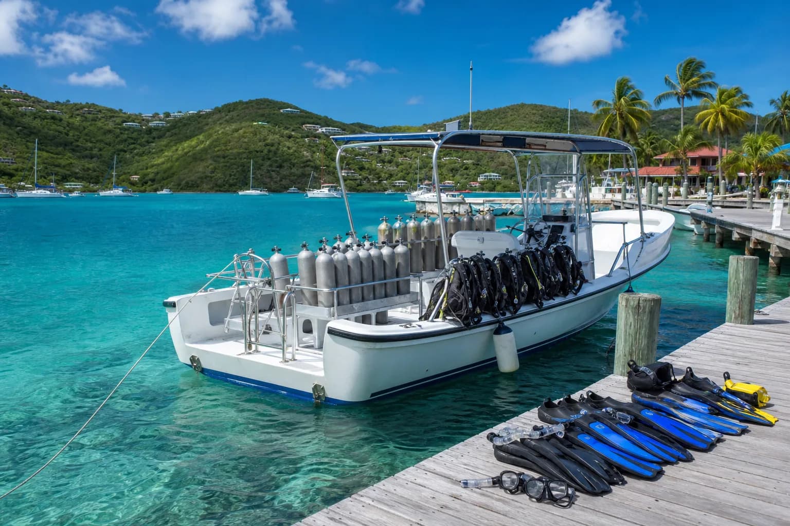 A dive-style boat carrying equipment. Representative USVI-inspired AI illustration for Cane Bay Dive Shop; not a photograph of this listing and may depict another island.
