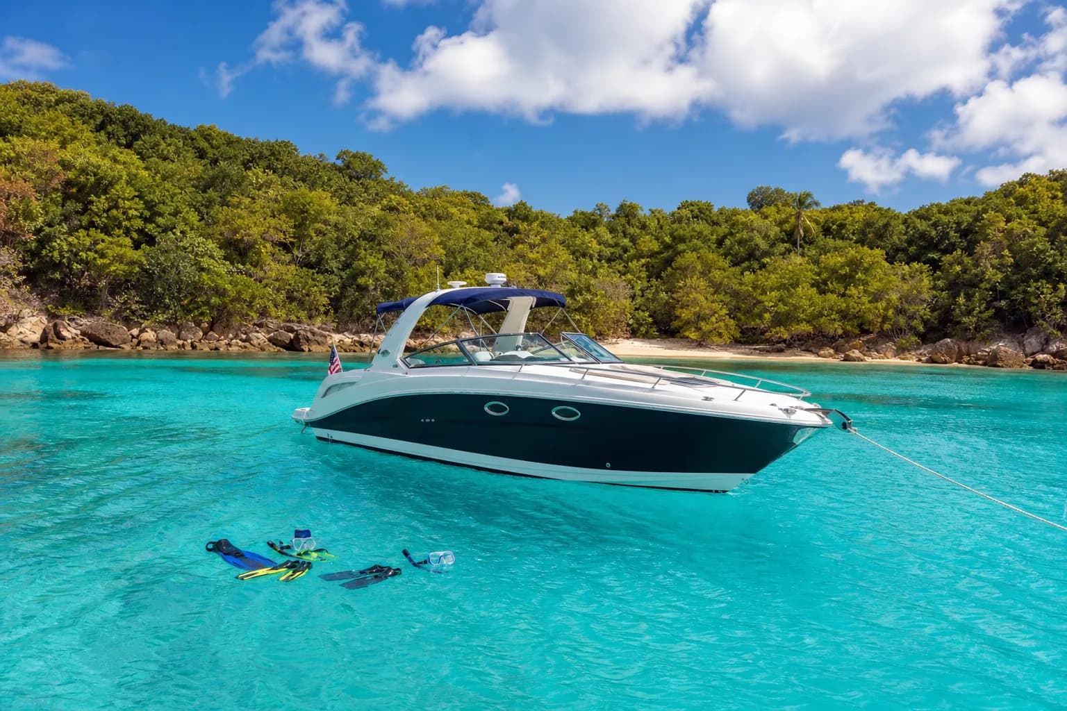 A small charter-style motorboat beside clear water. Representative USVI-inspired AI illustration for Island Thyme Charters; not a photograph of this listing and may depict another island.