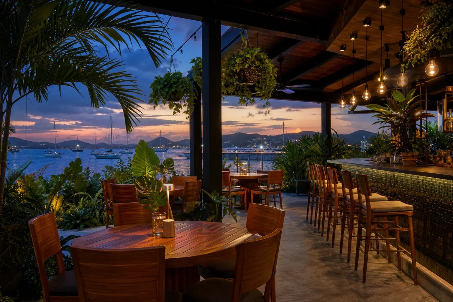 A casual outdoor restaurant terrace. Representative USVI-inspired AI illustration for The Oasis; not a photograph of this listing and may depict another island.