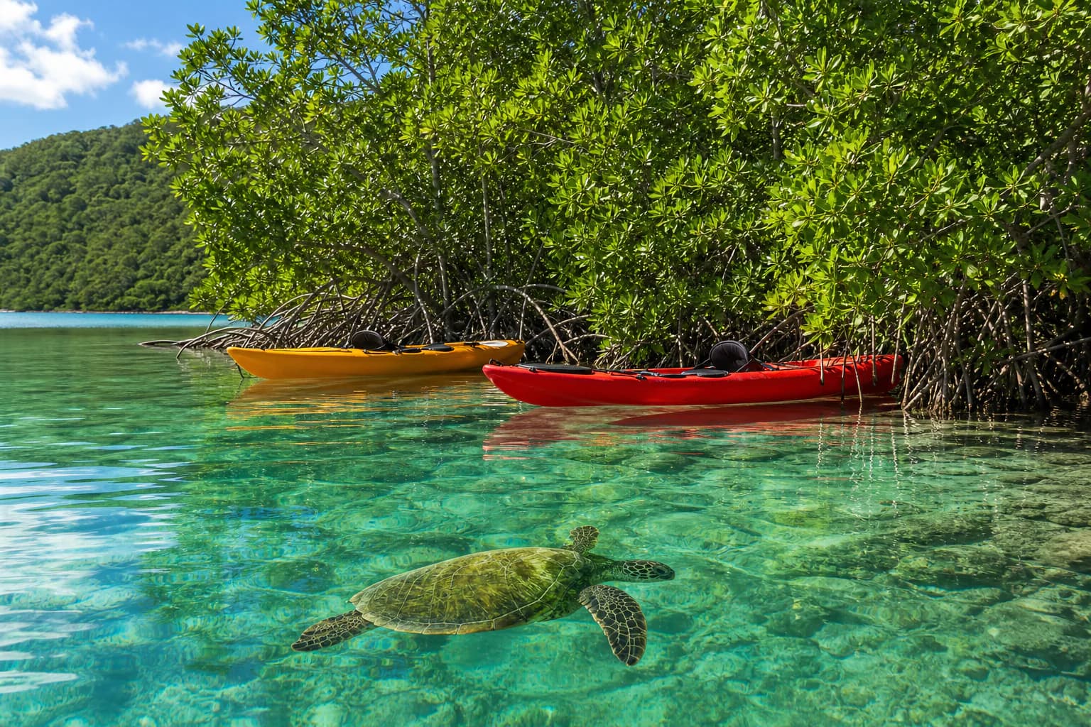 Kayaks beside clear mangrove shallows; daytime activity context. Representative USVI-inspired AI illustration for Night Kayak St. John; not a photograph of this listing and may depict another island.
