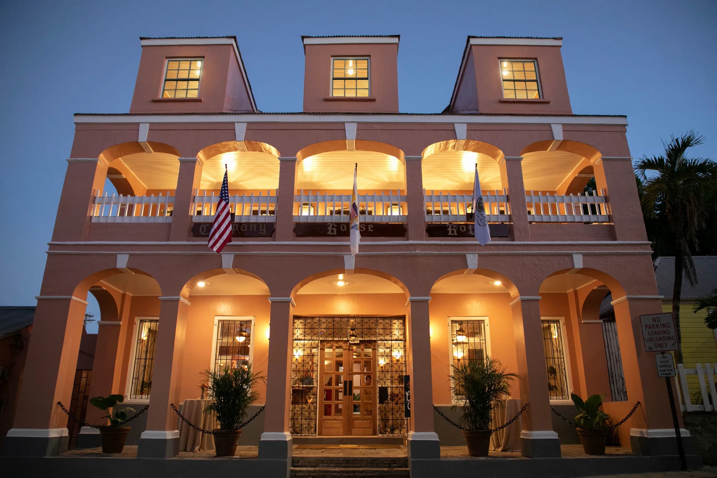 The illuminated exterior of Hotel Company House in Christiansted.