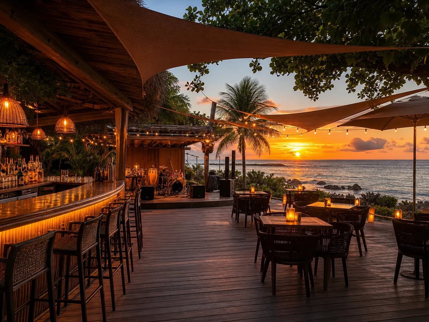 A waterfront dining terrace at sunset. Representative USVI-inspired AI illustration for Oceana Restaurant & Bistro; not a photograph of this listing and may depict another island.